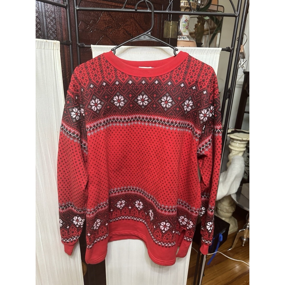 Vintage Bernie's Glen XL Red Fair Isle Nordic Print Crewneck Sweatshirt Made USA
